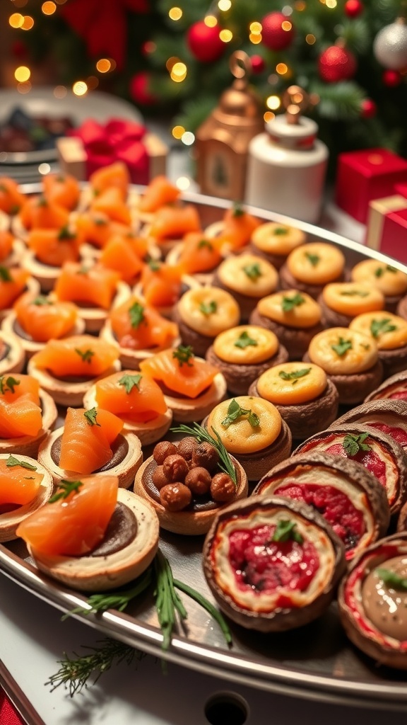 Elegant Christmas party appetizers including smoked salmon canapés, stuffed mushrooms, and mini beef wellingtons on a festive platter.